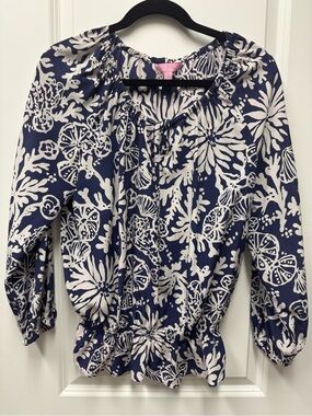Lilly Pulitzer Navy and White Printed Silk Blouse